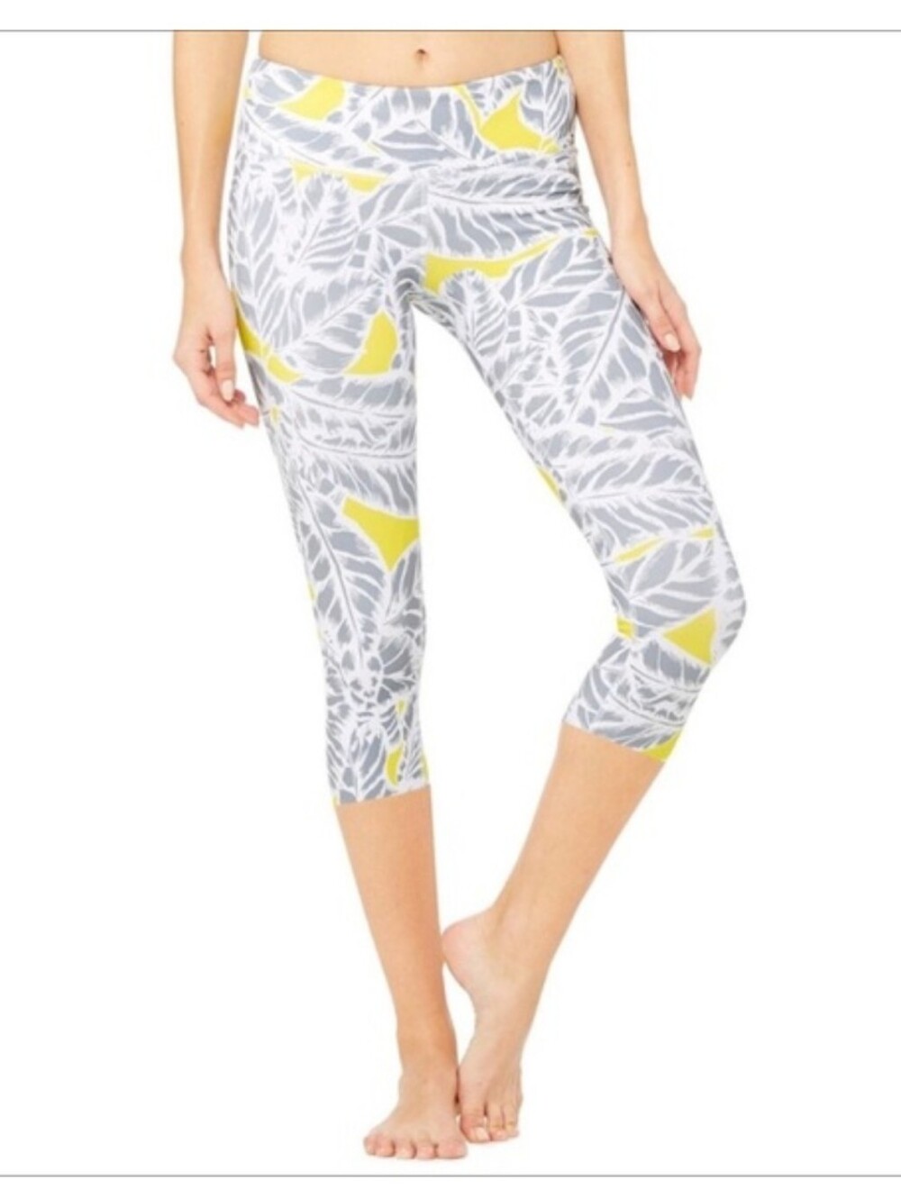 ALO Yoga Capri Leggings in Gray with Yellow Palm Motif